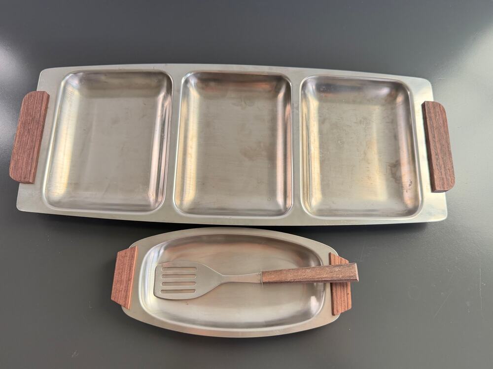 Vintage MCM divided serving tray and matching condiment dish with a mini spatula